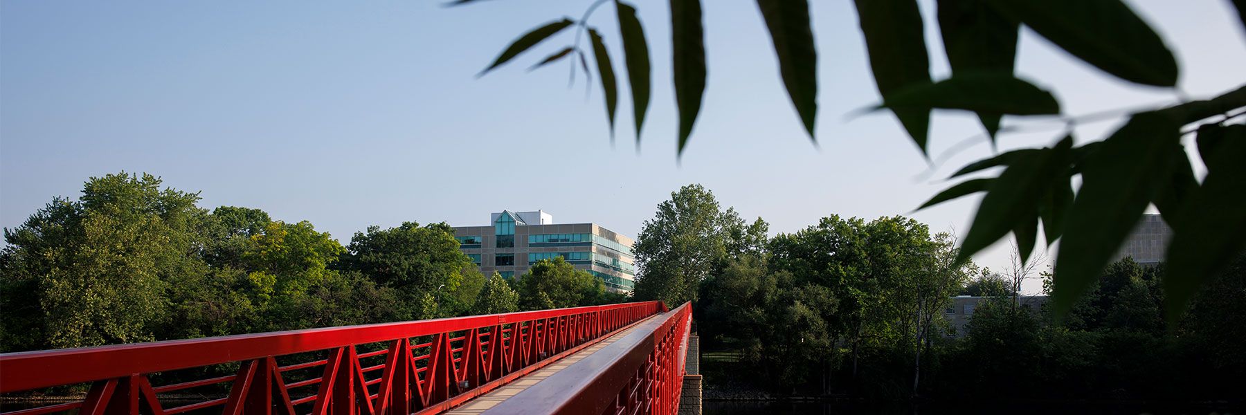 Scenic photo of a red bridge over the water at IU Kokomo.